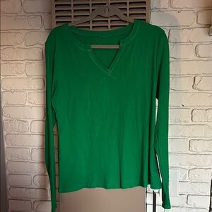 Green V-Neck Long Sleeve Top